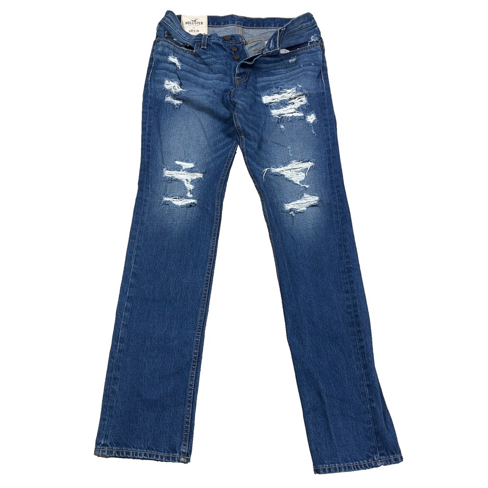 Hollister Skinny Jeans Men 32x34 Dark Wash Faded Holes Distressed Button Fly Y2K